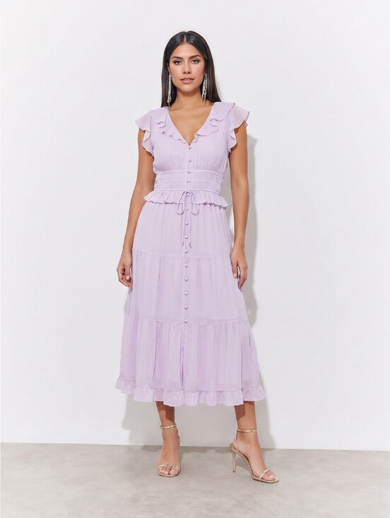 PAIGE Dresses & Skirts - PAIGE Womens 100% Silk Purple Ruffle Whimsical Tiered Midi Dress Sz 14 NWOT